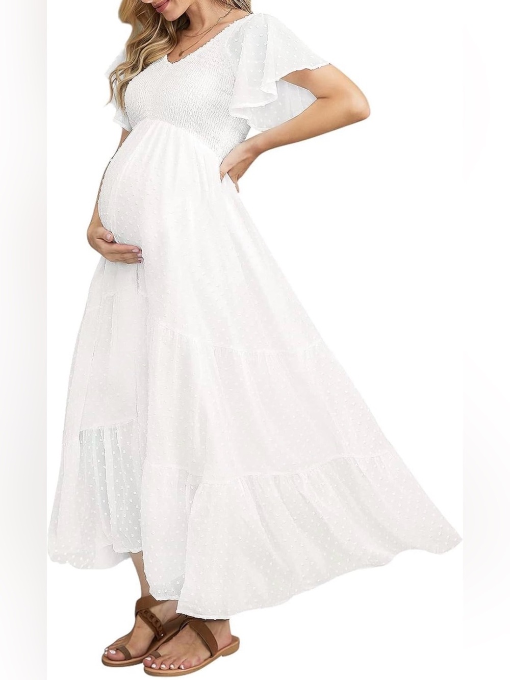 White Maternity Maxi Dress with Swiss Dot Detail